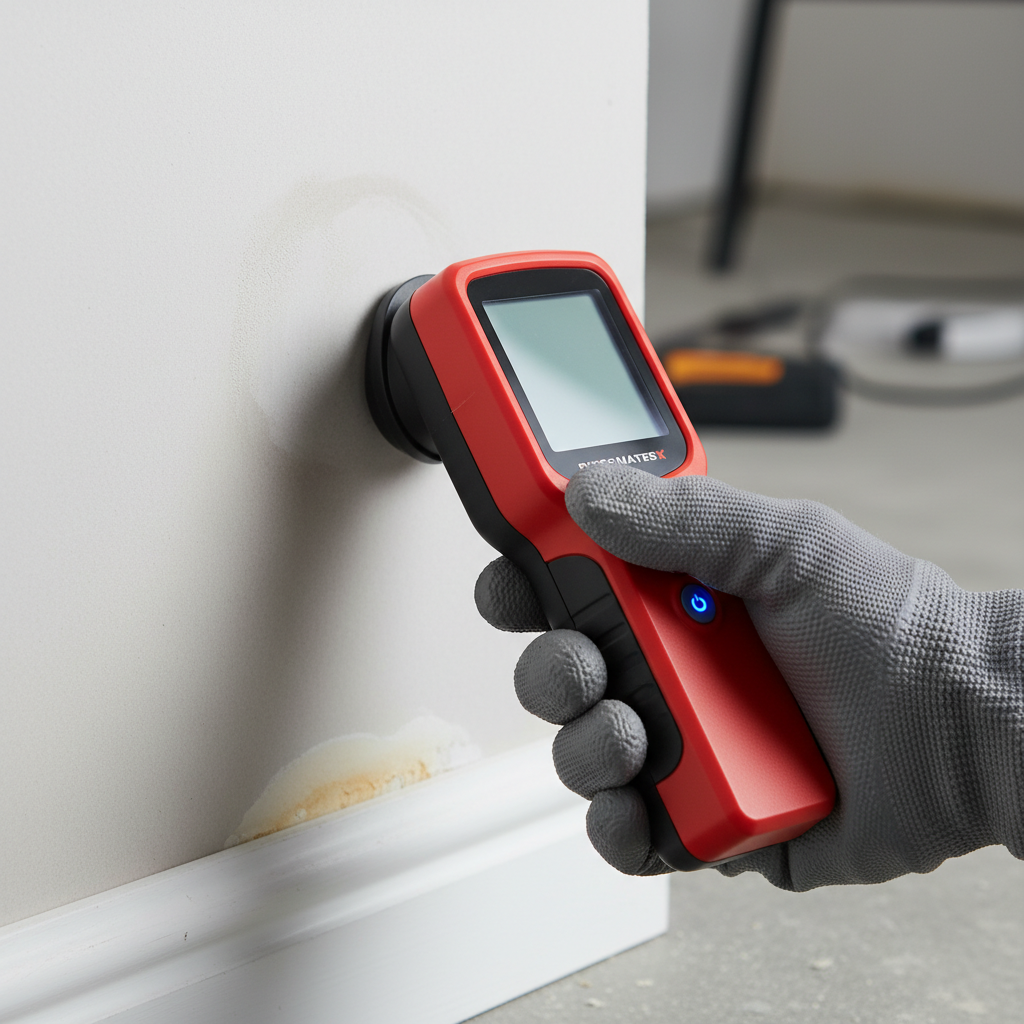 Close-up of a moisture meter during mold inspection showing how we verify damp walls before remediation