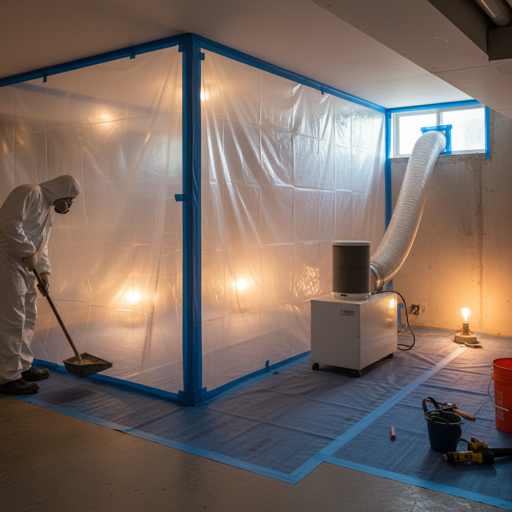Basement containment with HEPA negative air machine set up during mold remediation to protect living areas