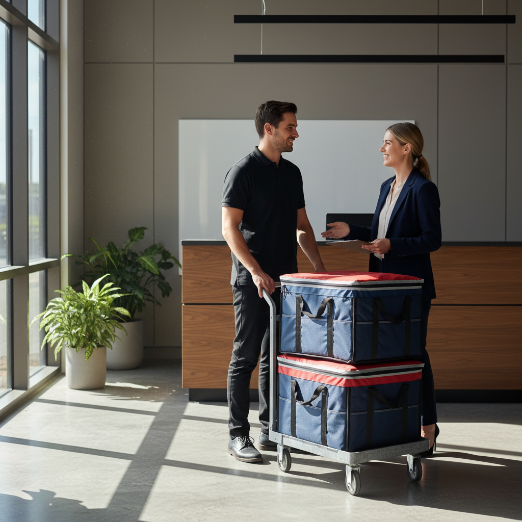 Catering delivery handoff at a Toronto office reception with insulated bags and courteous staff