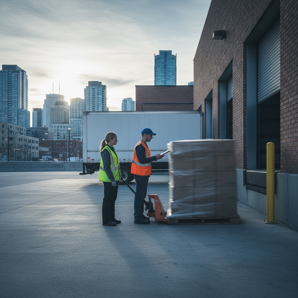 Supplier handoff at a public facility loading dock in Canada, illustrating last-mile delivery for a small business contract