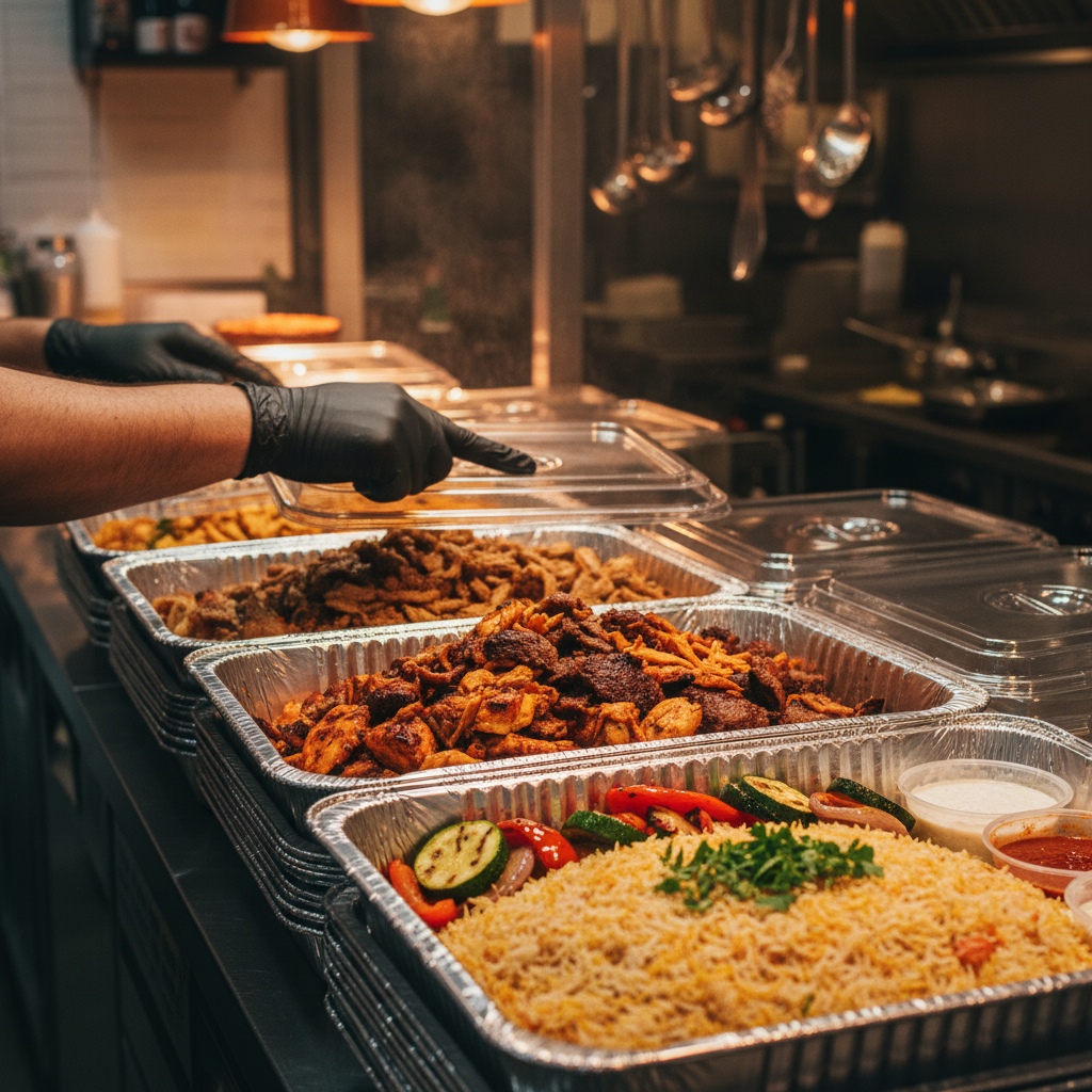 Catering trays with shawarma meats, rice, and vegetables being prepared for pickup in Toronto restaurant