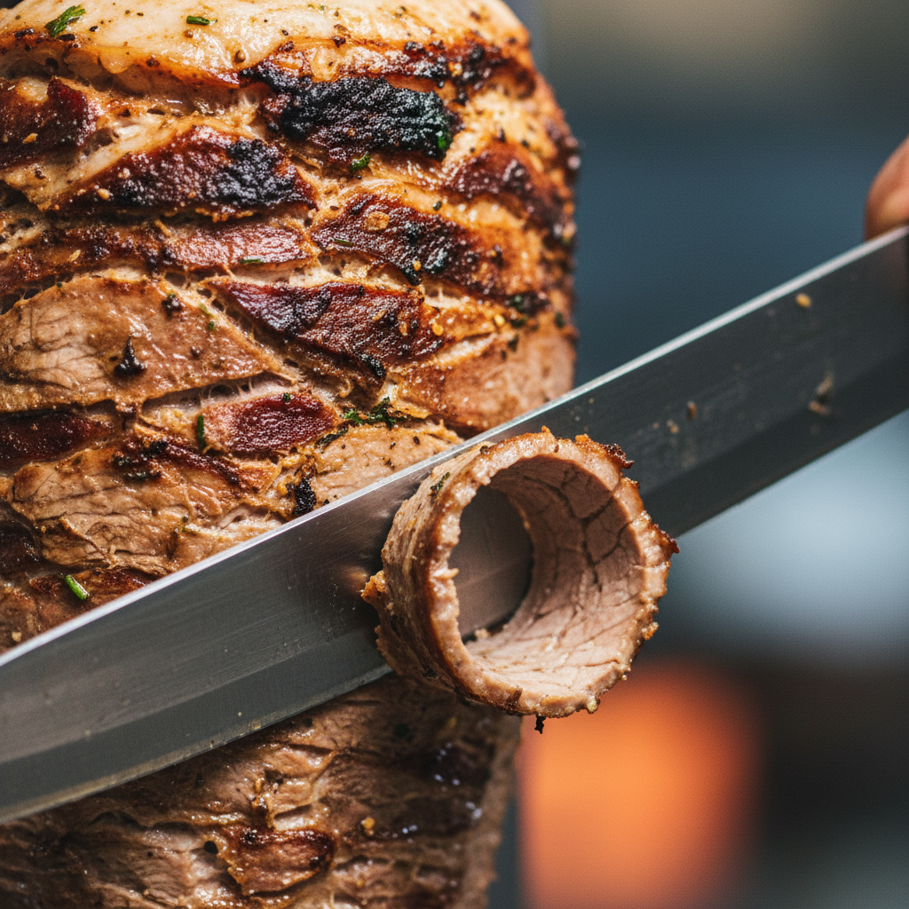 Close-up of shawarma carved from rotisserie for group catering, showing crispy edges and juicy texture