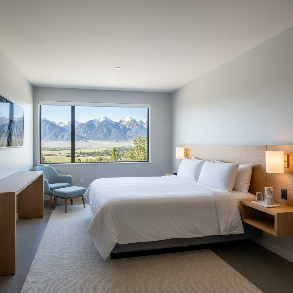 Renovated mountain-view room in a North Conway motel with large window framing White Mountains scenery