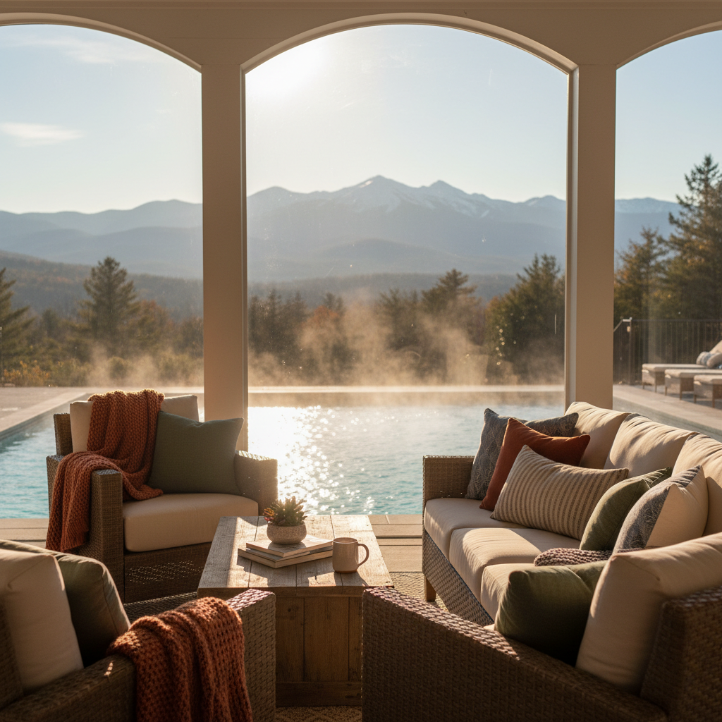 Enclosed porch at a North Conway mountain view inn overlooking a heated outdoor pool and White Mountains scenery