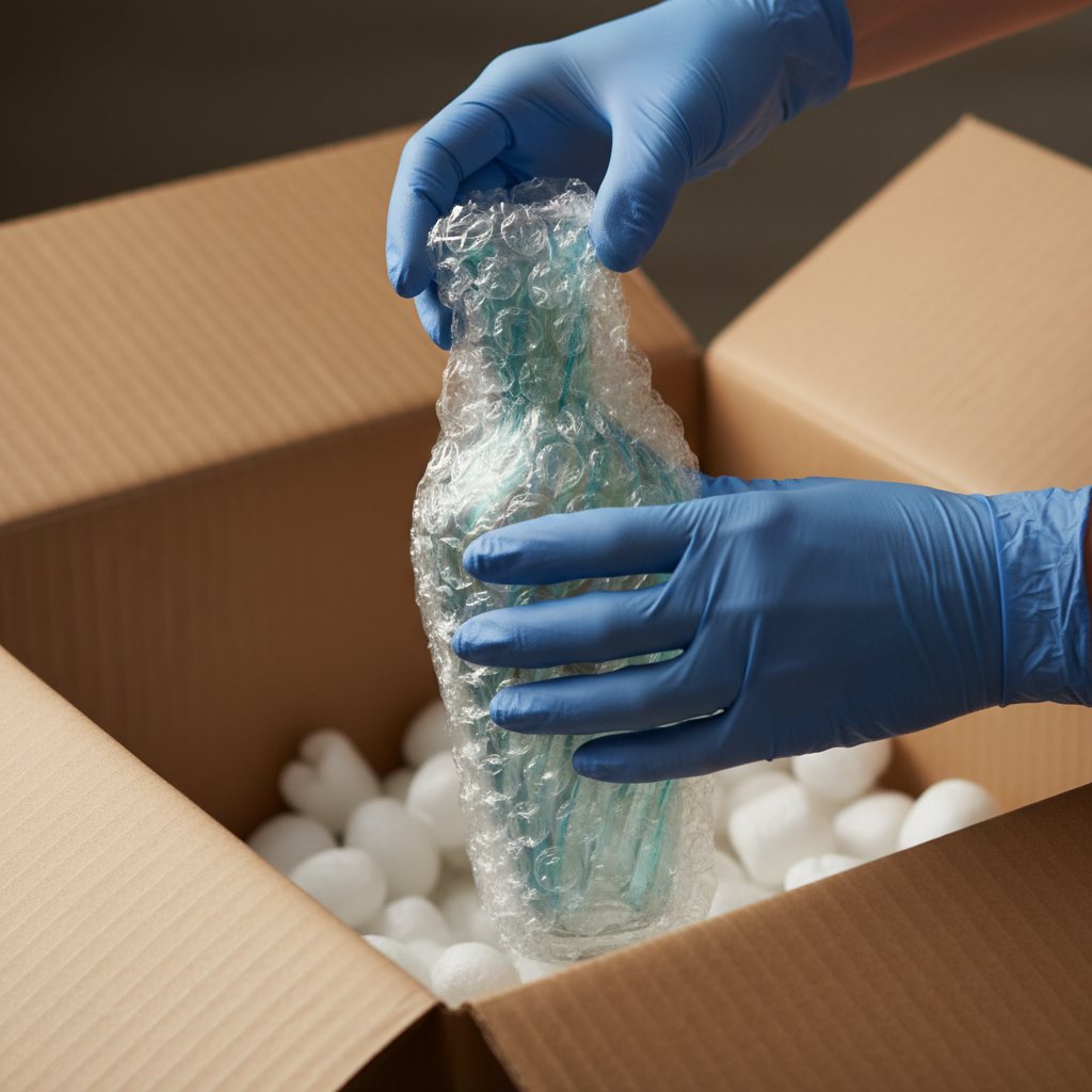Close-up of professional packing for fragile items using bubble wrap and peanuts, export-grade standards for moving out of state movers