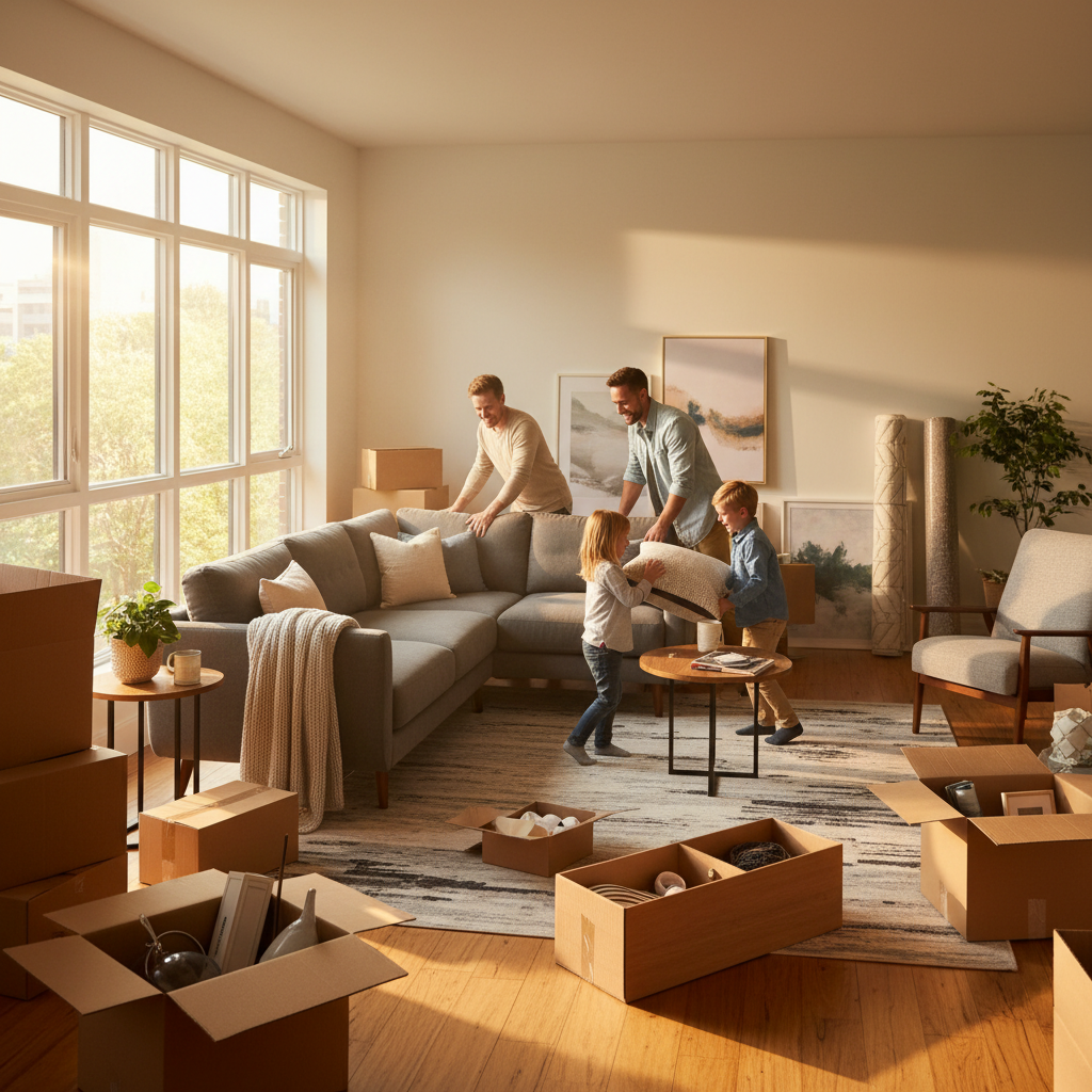 Family arranging a new living room after a long-distance move, boxes staged by room for faster setup