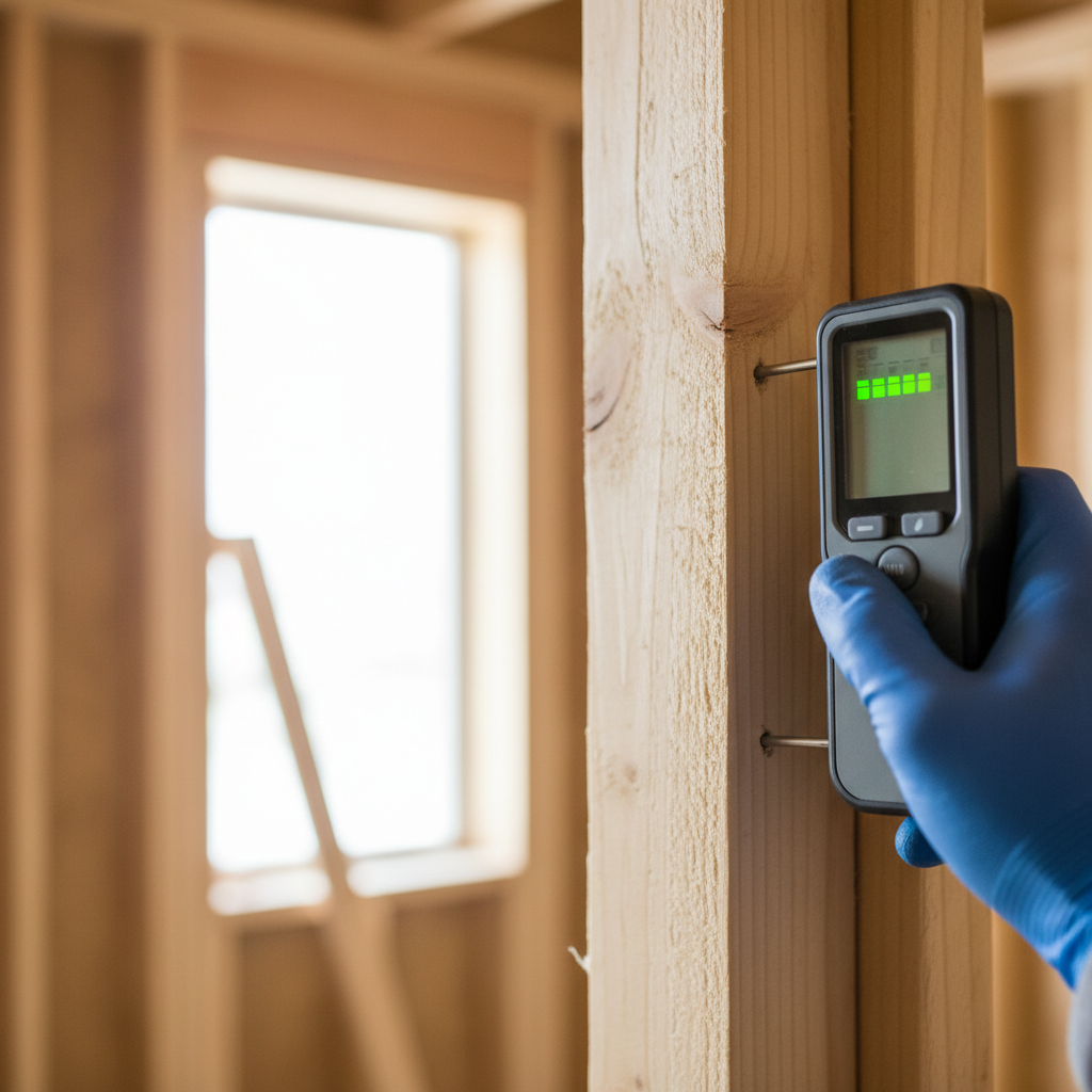 Close-up of a moisture meter checking a new wood stud near a window during a new construction inspection