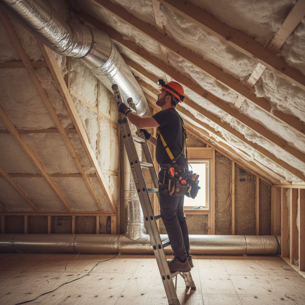 Inspector in a new attic checking insulation levels and ventilation baffles during a pre-drywall or 11-month inspection