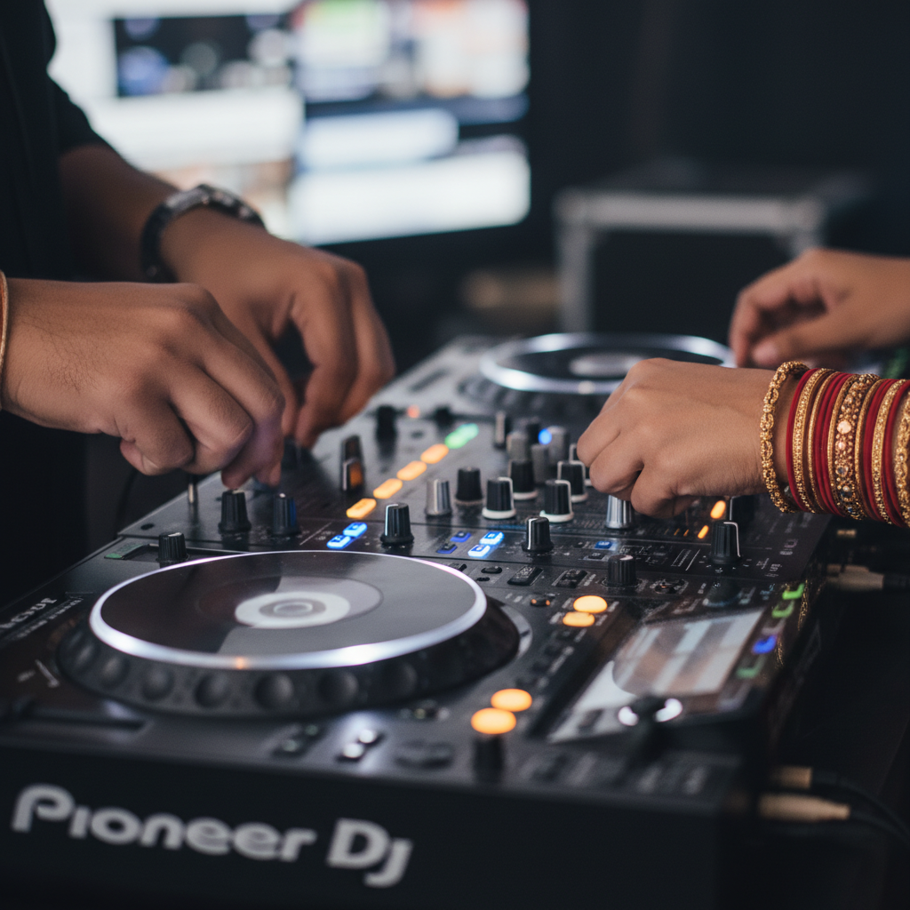 Close-up of a professional DJ mixer for sangeet night with colorful LED lights, illustrating DJ planning for sangeet night