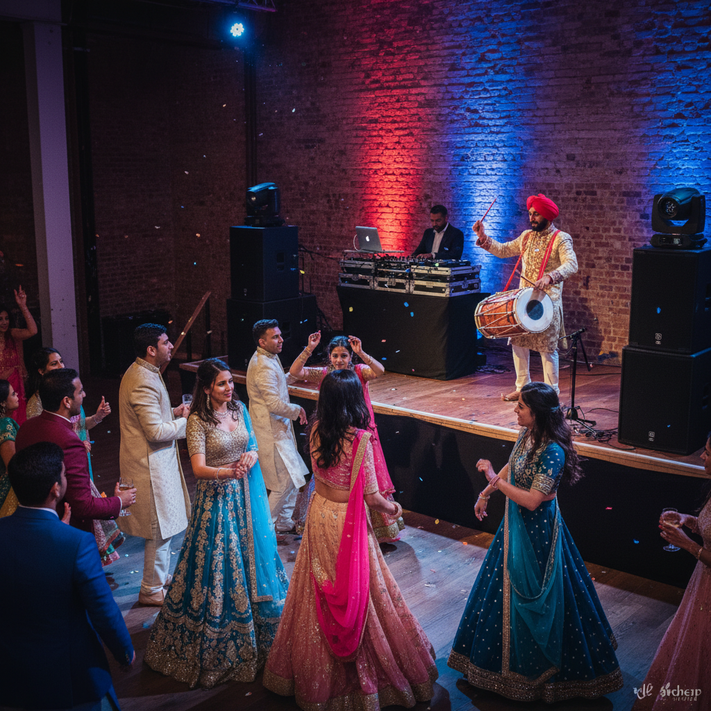 DJ booth with speakers and live dhol player at a London sangeet, showing fusion of DJ and dhol for sangeet planning