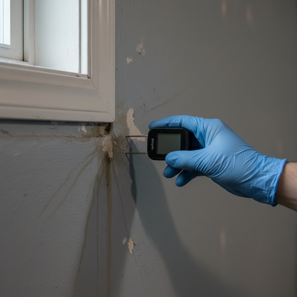 Close-up of a moisture meter on a basement wall during Mississauga home inspection as part of a home buying checklist