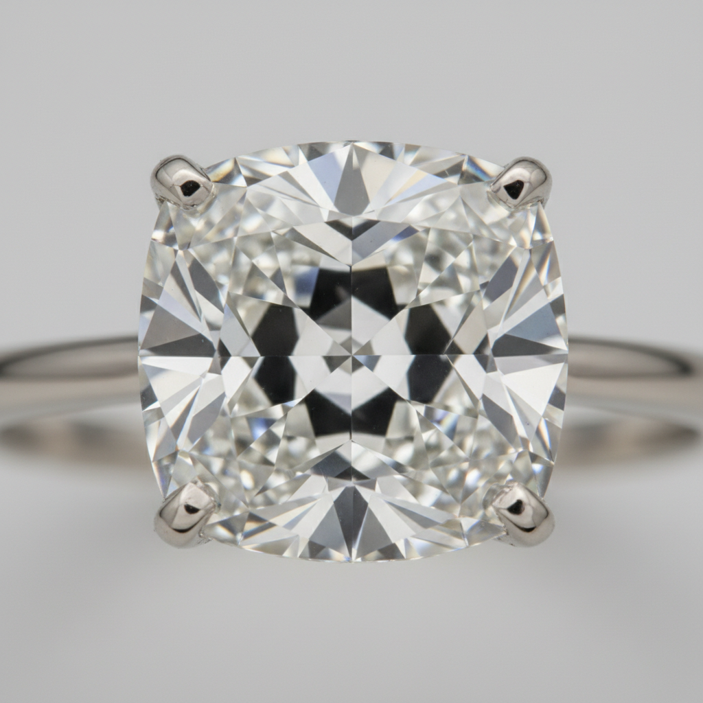 Macro view of a 1 carat cushion cut diamond’s facets and sparkle in a white gold solitaire