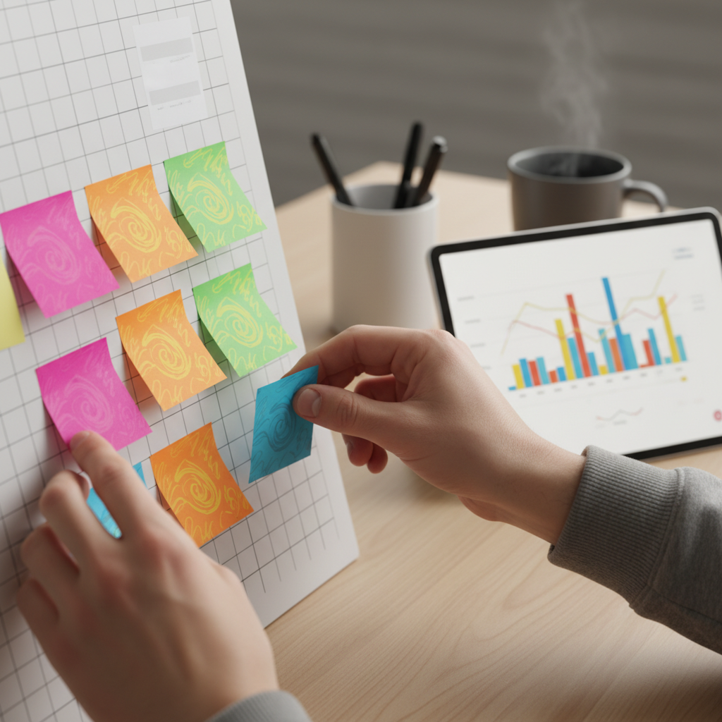 Close-up of agile Kanban board work during the best certification training for teams, showing hands arranging sticky notes and a tablet (no text visible)