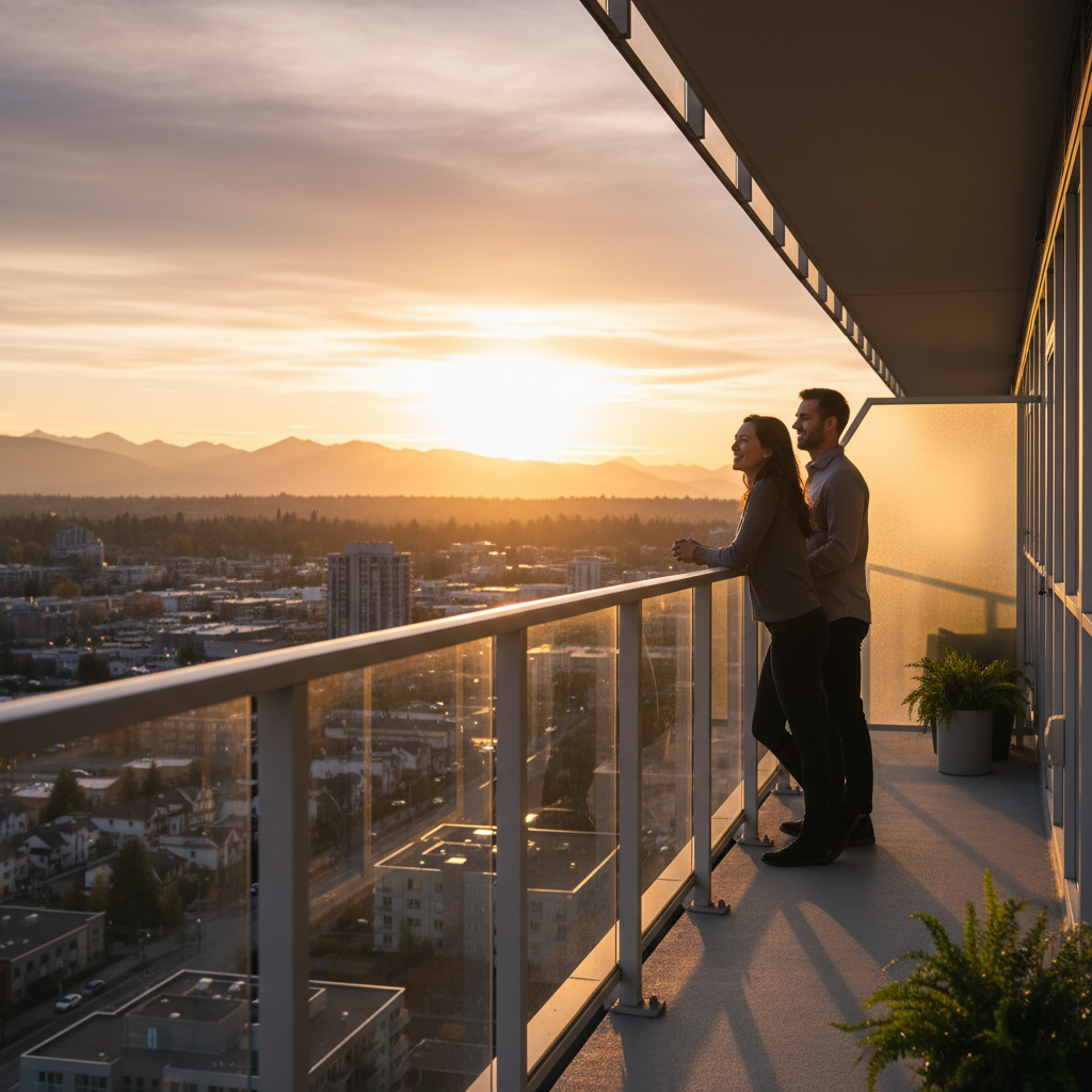 Couple on a Surrey condo balcony at sunset, illustrating market timing and lifestyle fit in Metro Vancouver