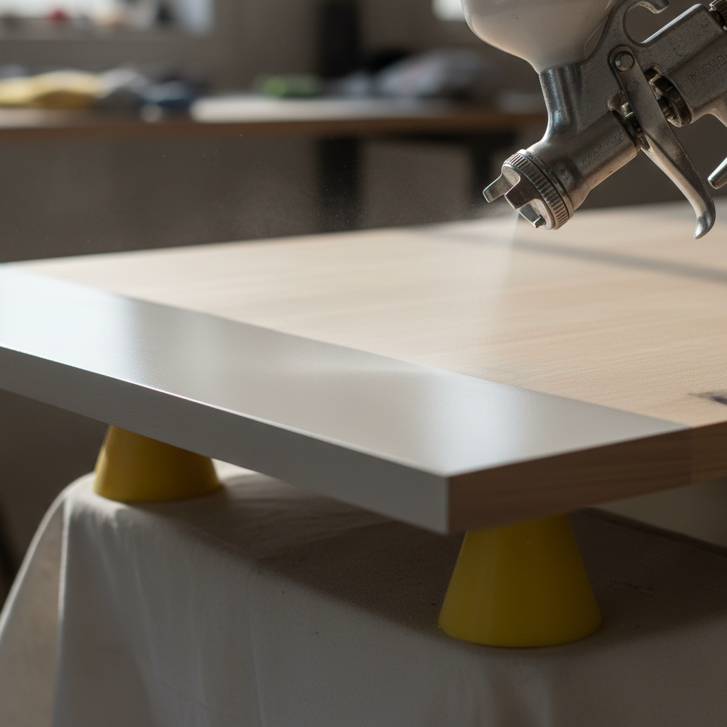 HVLP spray painting a cabinet door for a smooth satin factory-style finish during painting your kitchen cabinets