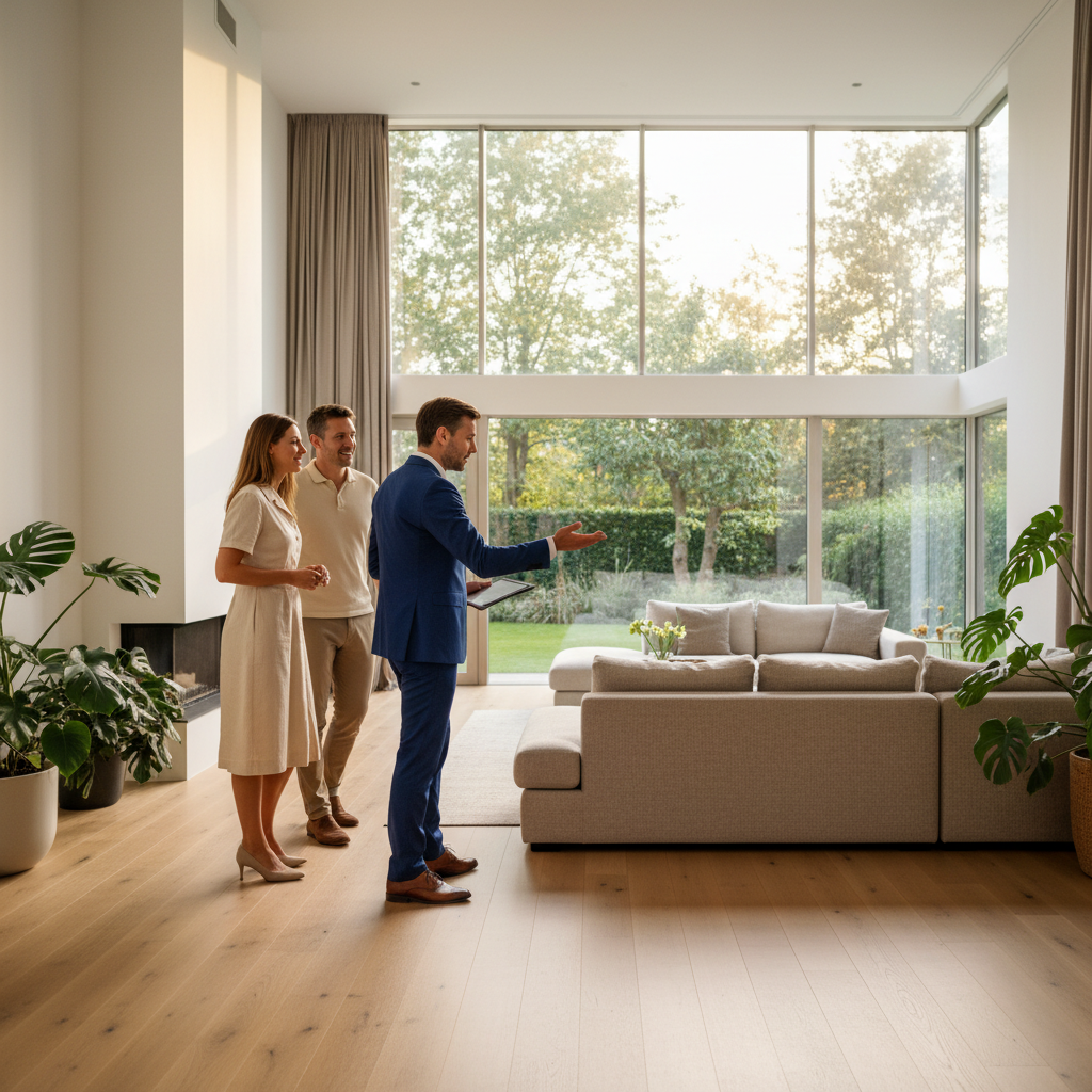 Real estate advisor touring clients through a bright living room in Edmonton, aligning home choices with a month-by-month mortgage plan