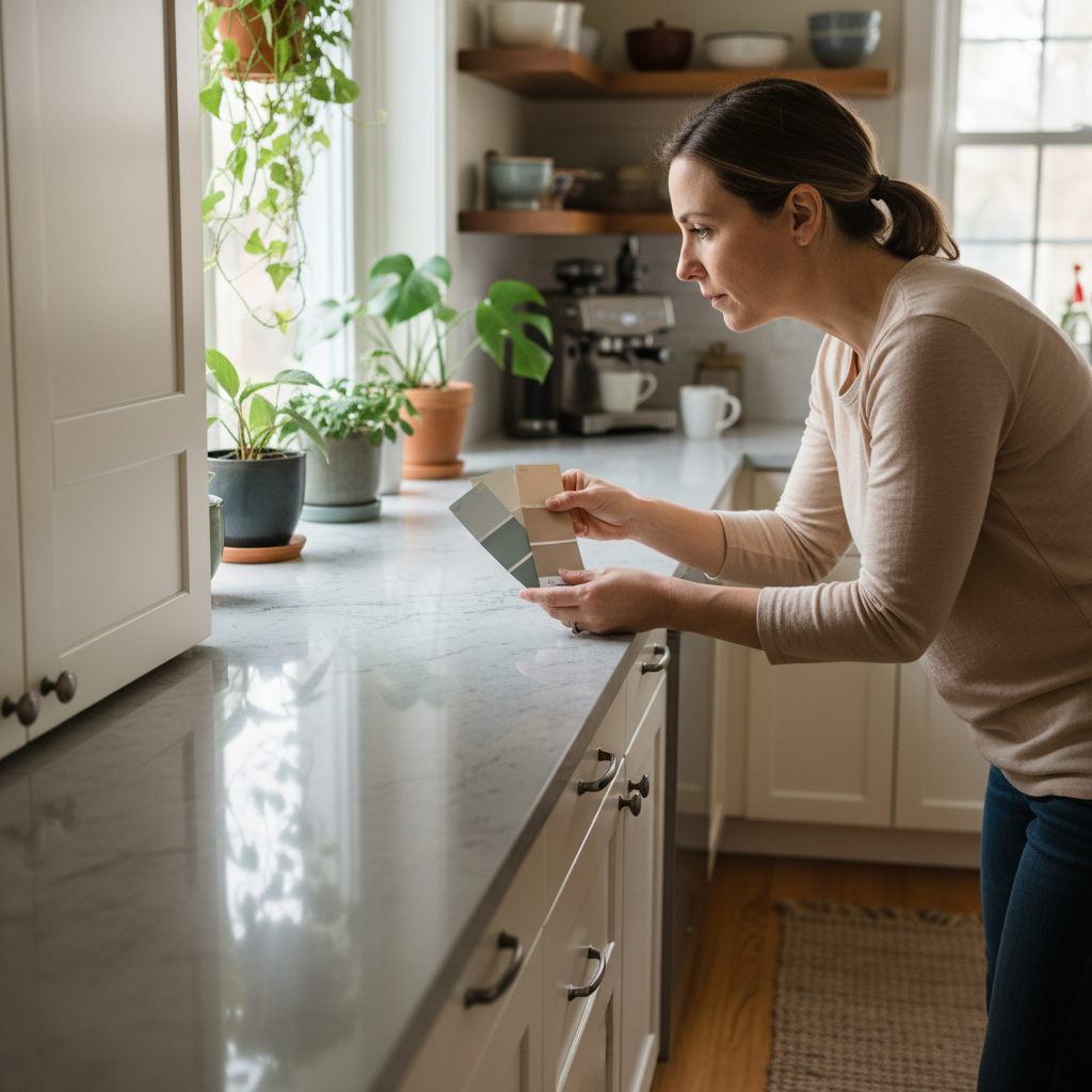 Homeowner comparing color swatches to choose a paint color during painting your kitchen cabinets in a Toronto kitchen