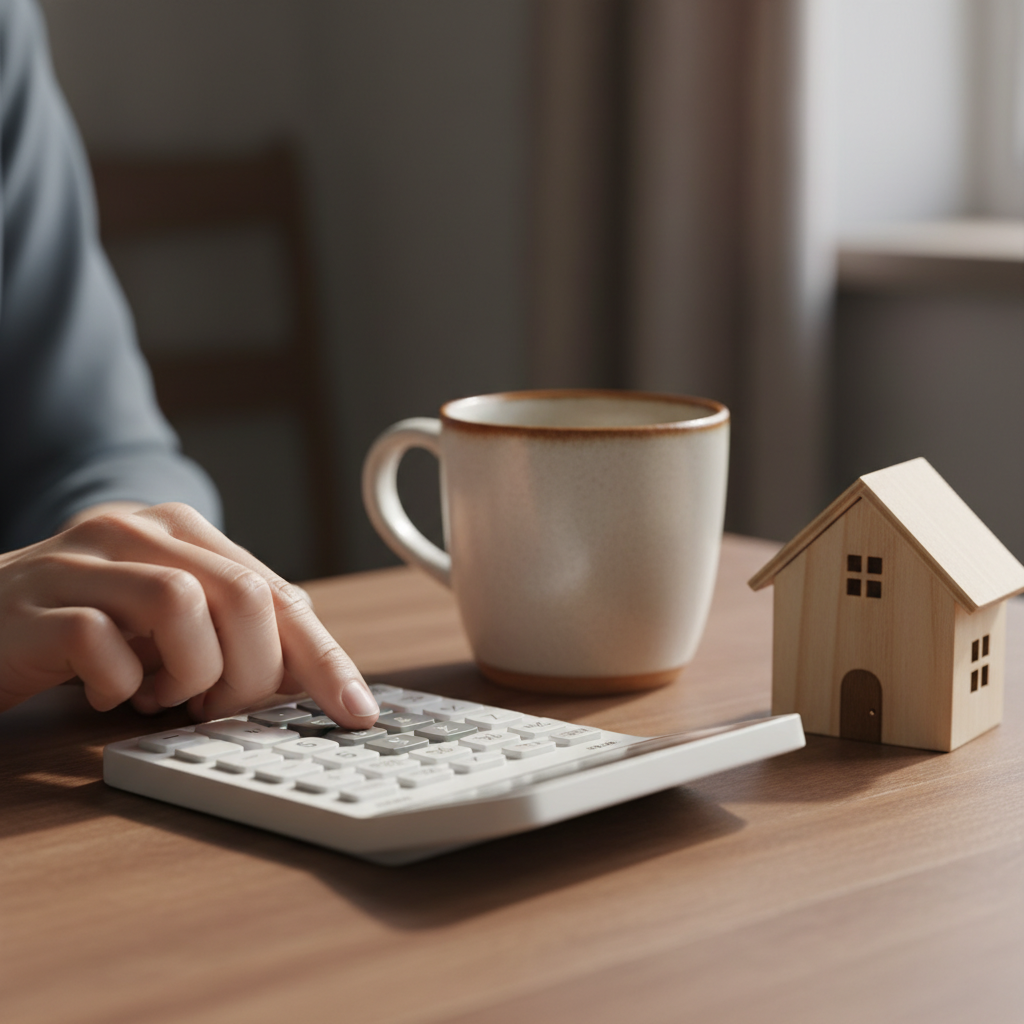 Close-up of hands using a calculator next to a small house model, illustrating a month-by-month mortgage calculator workflow