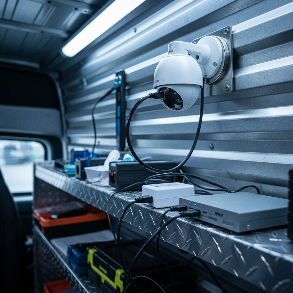 Close-up of a dome IP camera with PoE and compact NVR for mobile CCTV deployments