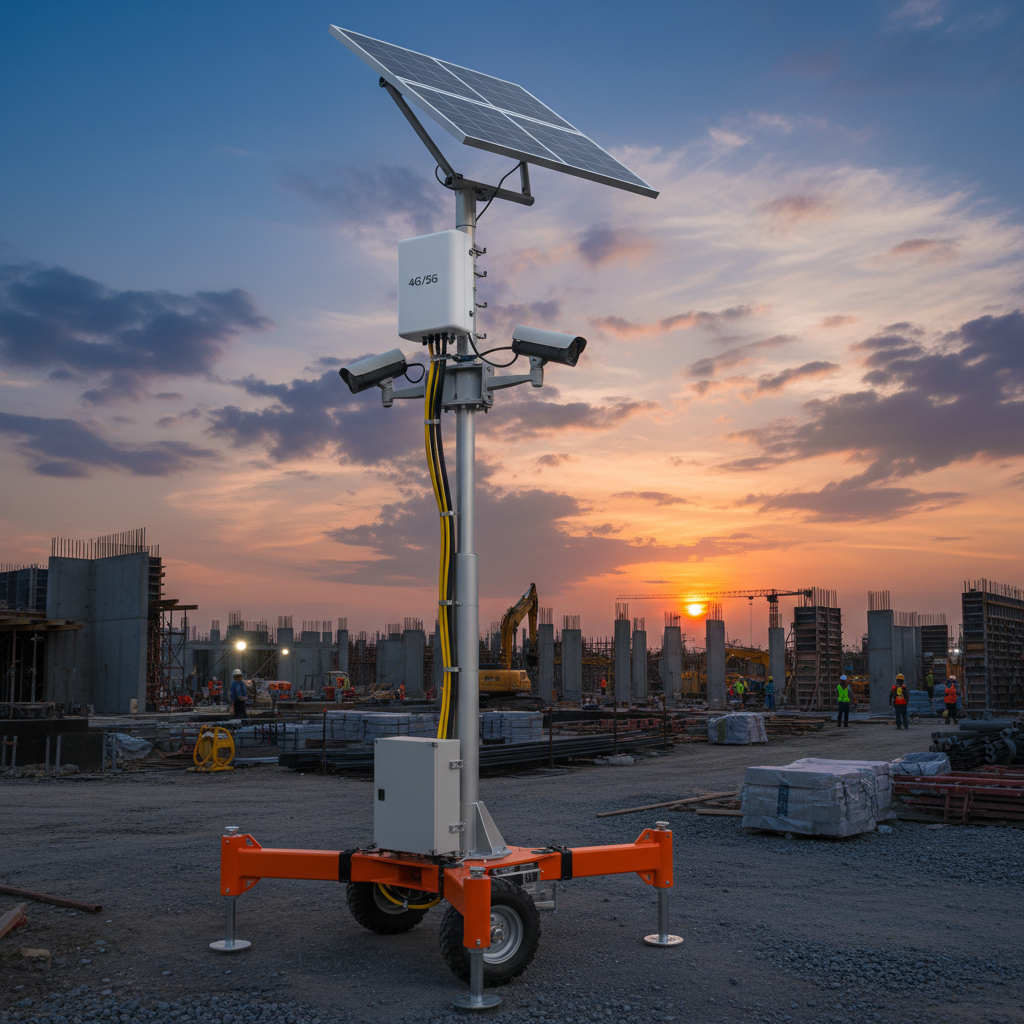 Solar-powered mobile CCTV tower monitoring an active construction site at dusk