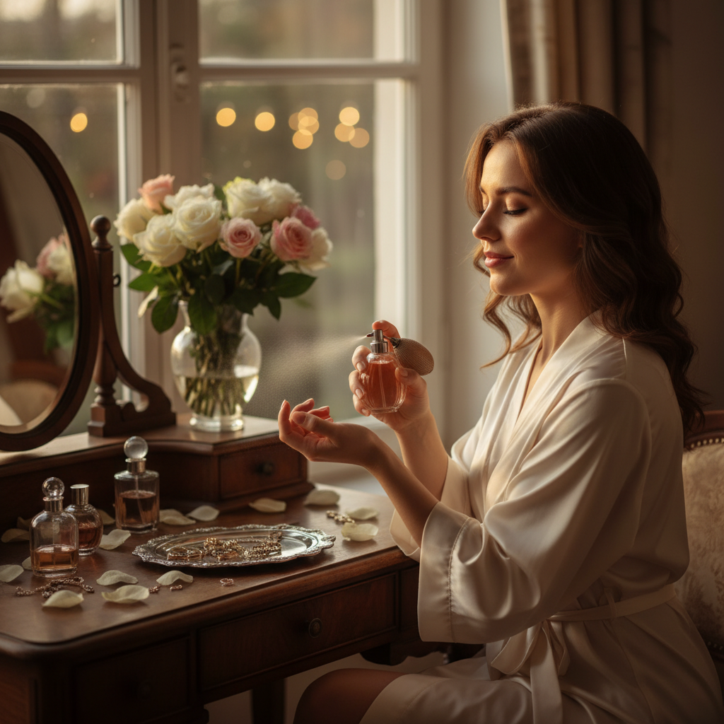 Lifestyle moment of a woman applying a high-end women’s fragrance to her wrist before an evening out