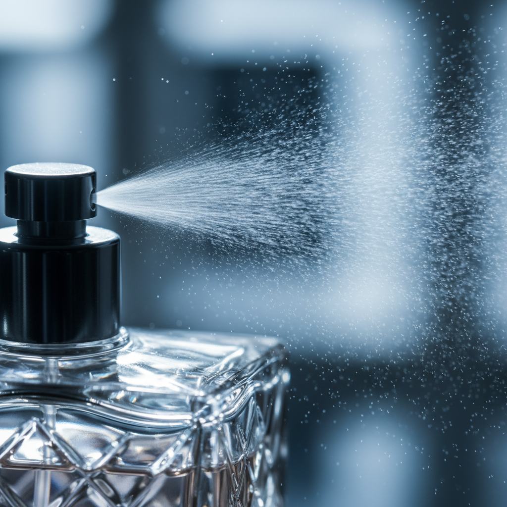 Close-up atomizer mist from a luxury eau de parfum bottle showing fine spray pattern for a high-end women’s fragrance