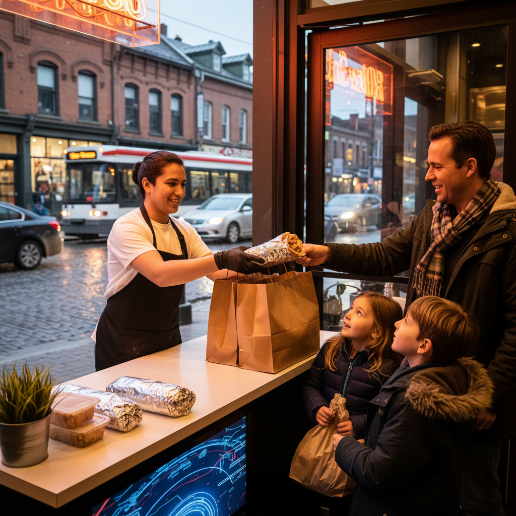 Old Toronto pickup counter handing over family-sized shawarma takeout bags
