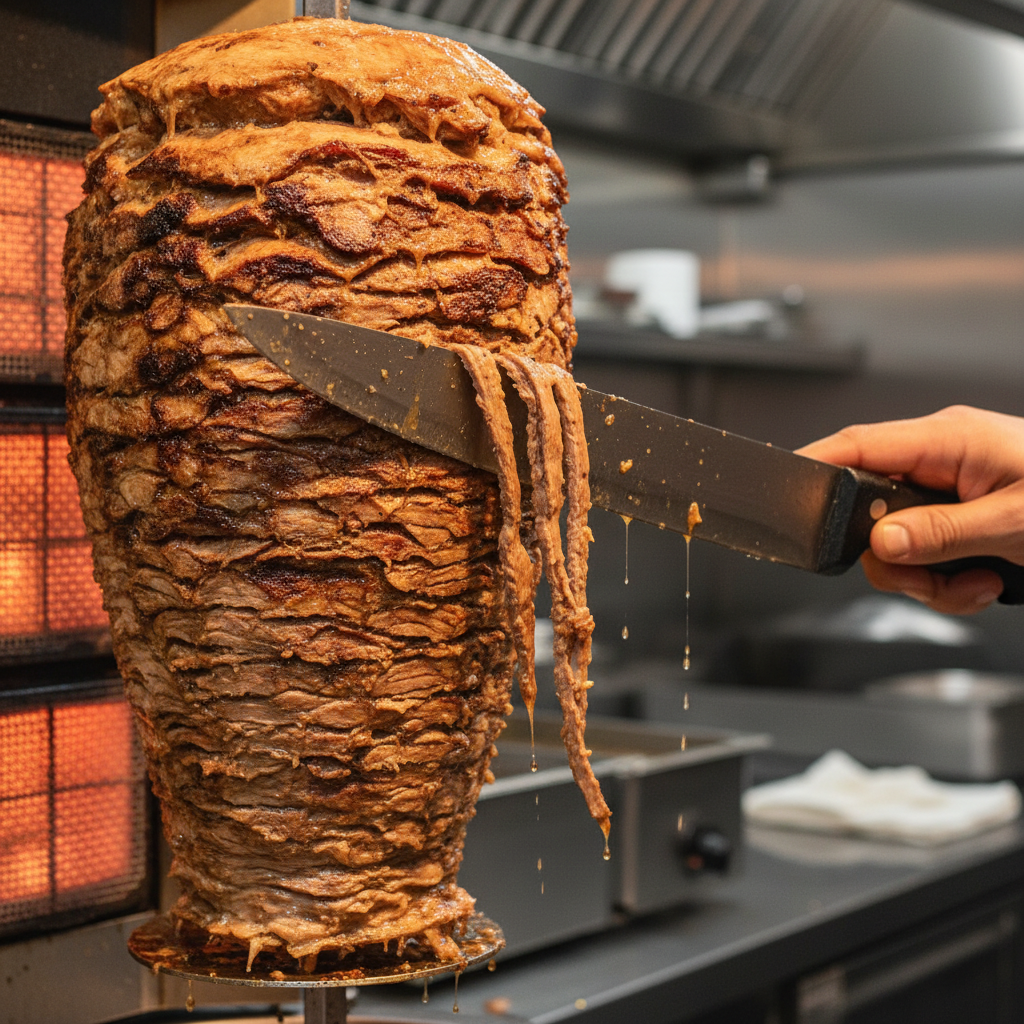 Close-up of chicken shawarma sliced from rotisserie for Toronto family dinner