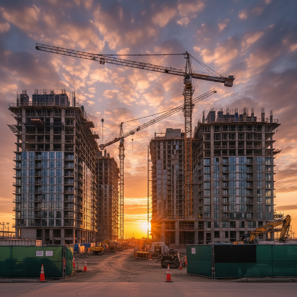 Mississauga skyline construction cranes and high-rise condo pre-construction at sunset, illustrating GTA development pipeline
