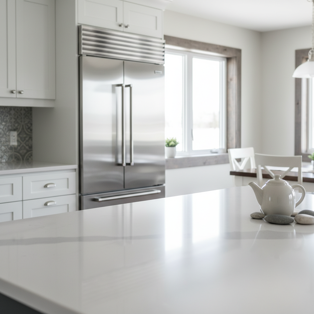 Modern Clarenville NL home kitchen detail with quartz counters, stainless appliances, and bright window light for real estate buyers