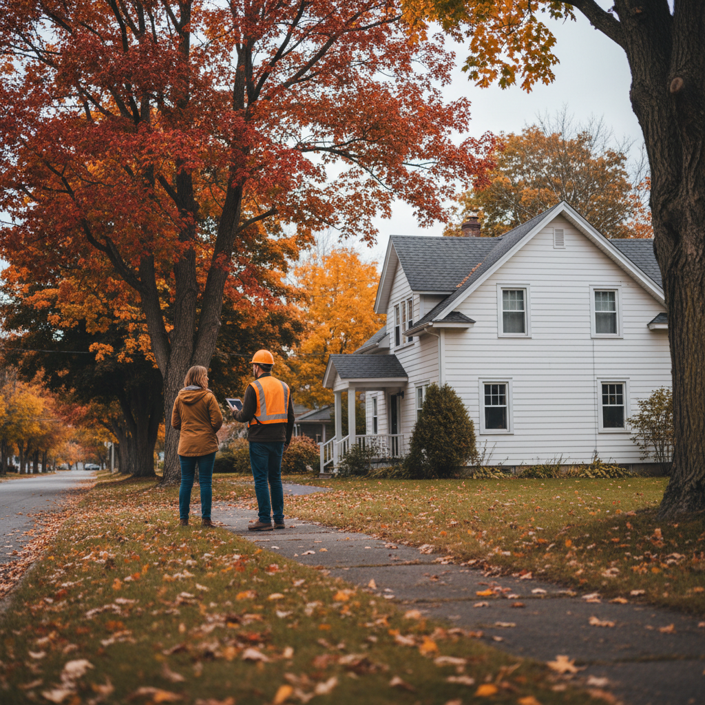 Homebuyer and inspector walking around an Atlantic Canada detached house during fall, evaluating exterior and lot
