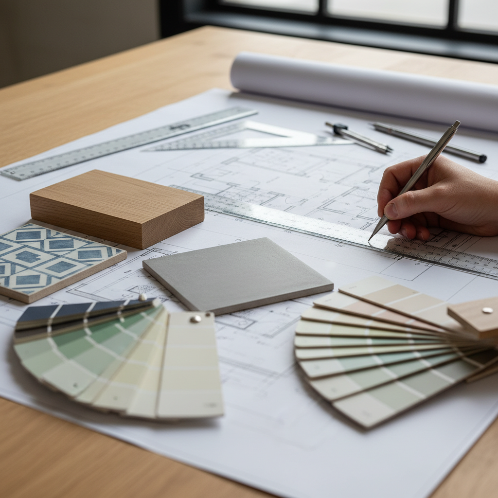 Close-up of residential architect floor plans with materials and tools for a Texas home design