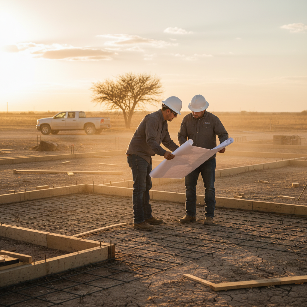 Architect and contractor walking a Texas residential site with foundation forms and rebar during golden hour