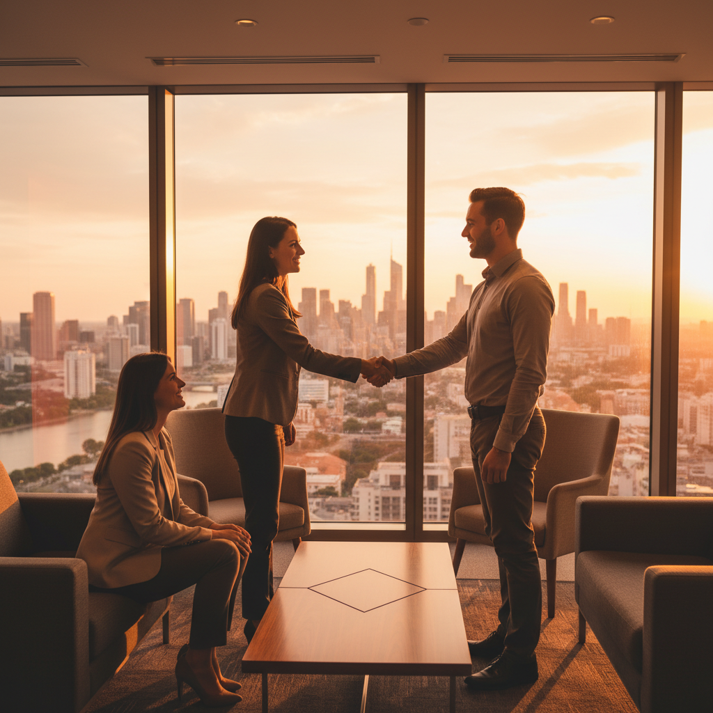 Mortgage broker meeting with clients to structure a refinance with fixed, variable, or split options for lowest home loan rates