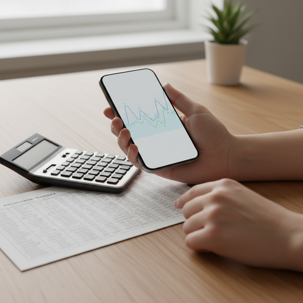 Close-up of comparing mortgage refinance rate options on smartphone and calculator, supporting search for the lowest refinance home loan rates