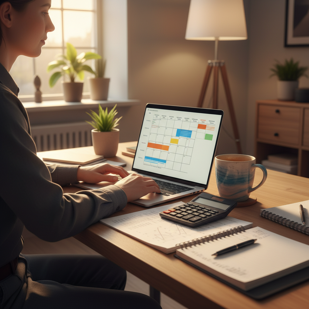 Home office planning scene: calendar, calculator, and laptop used to plan PMP study schedule and training budget