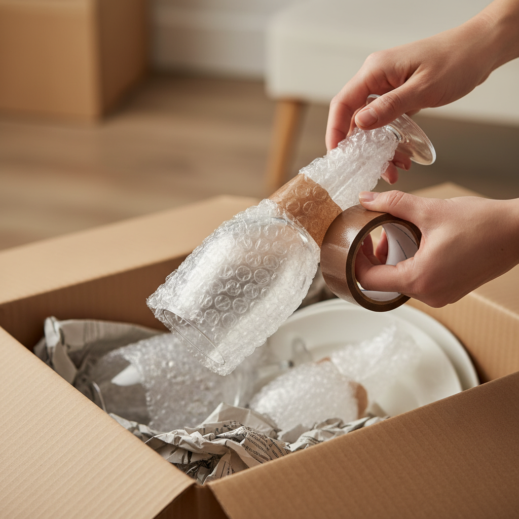 Close-up of budget-friendly packing by cheap movers in Dubai wrapping fragile glassware with bubble wrap