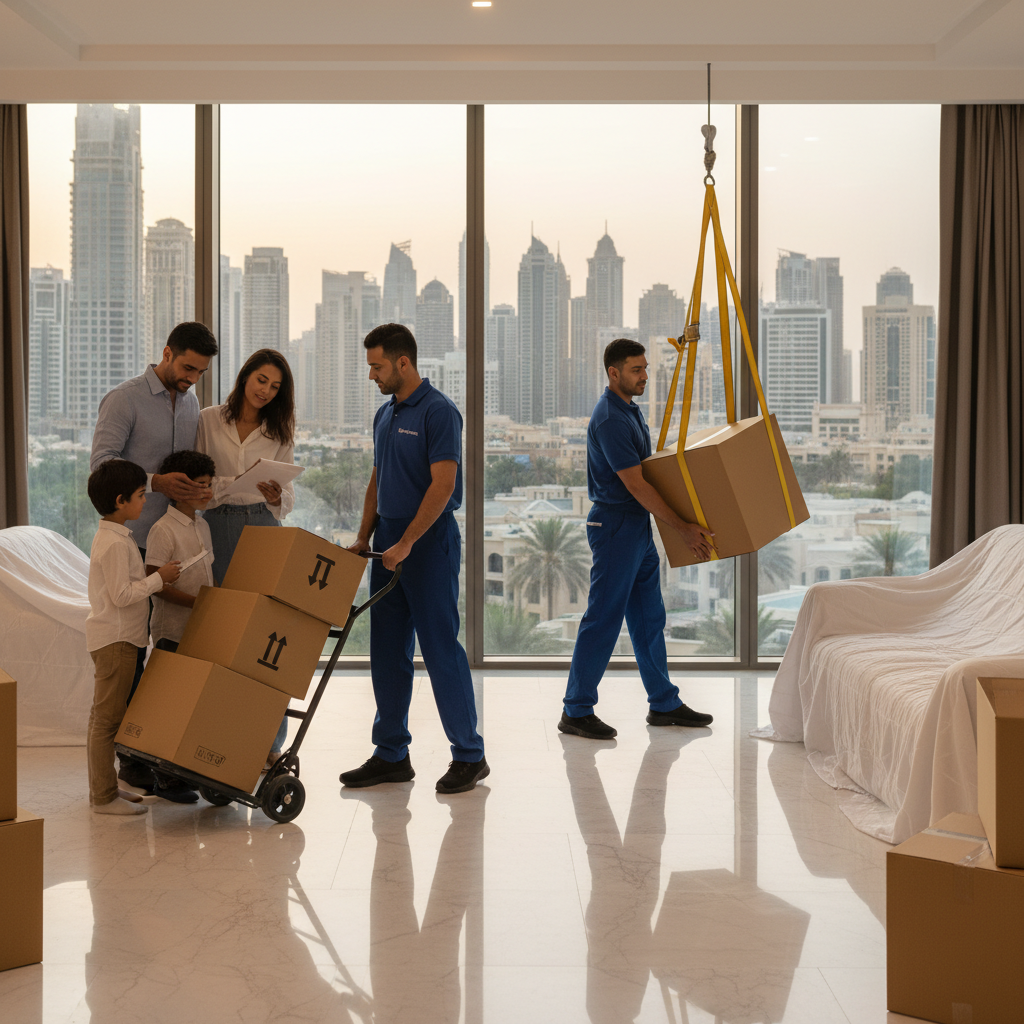 Dubai apartment move with cheap movers using a dolly and lifting straps to reduce effort and time