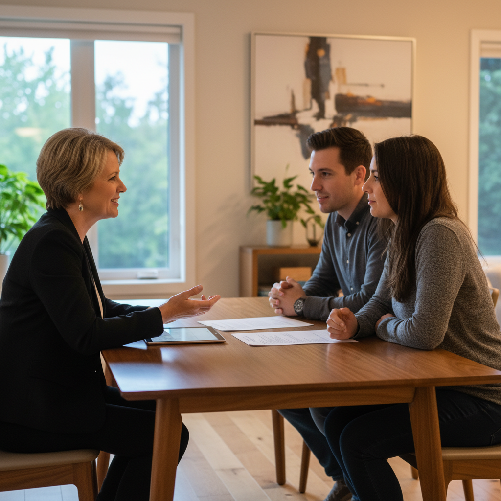 Ontario insurance broker meeting with homeowners to compare the best home insurance companies in Whitby