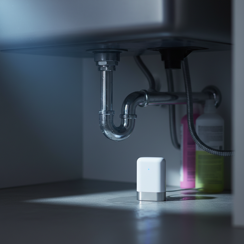 Close-up of a smart water leak sensor under sink illustrating water damage prevention for the best home insurance company Ontario