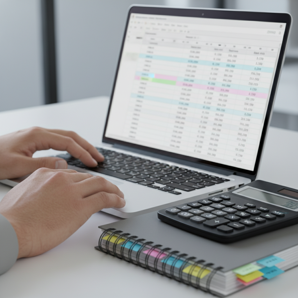 Close-up of hands reconciling bank transactions, illustrating bookkeeping services for businesses with precise bank feed matching