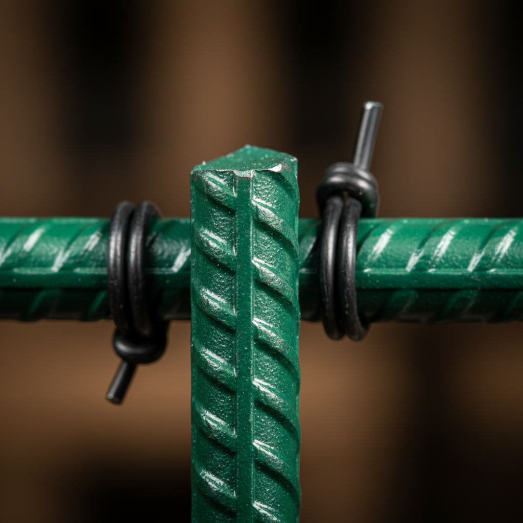 Epoxy-coated rebar close-up used in commercial construction supplies for corrosion resistance and durability