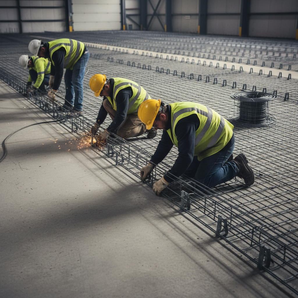 Crew installing welded wire mesh and rebar chairs on an indoor commercial slab to keep construction supplies aligned with schedule