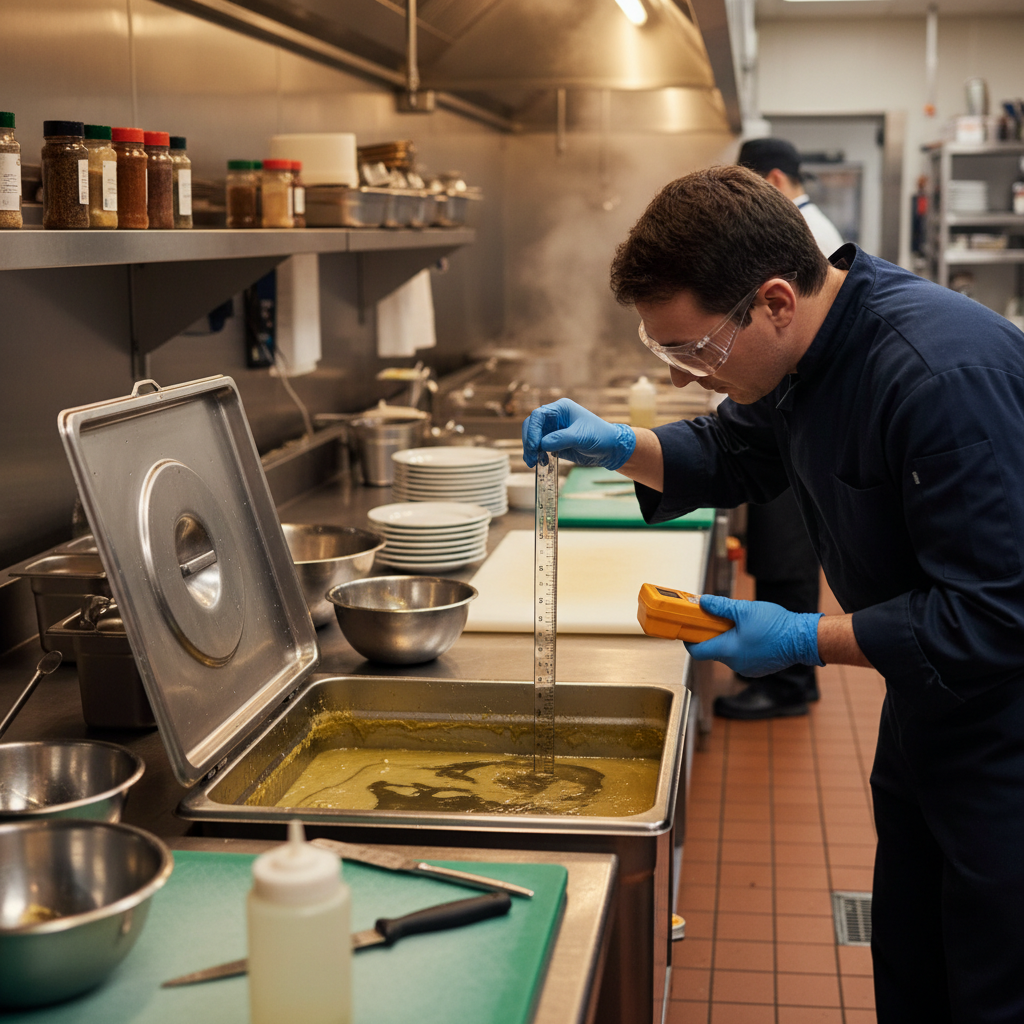 Technician measuring grease thickness in an under-sink interceptor before scheduling grease trap pumping