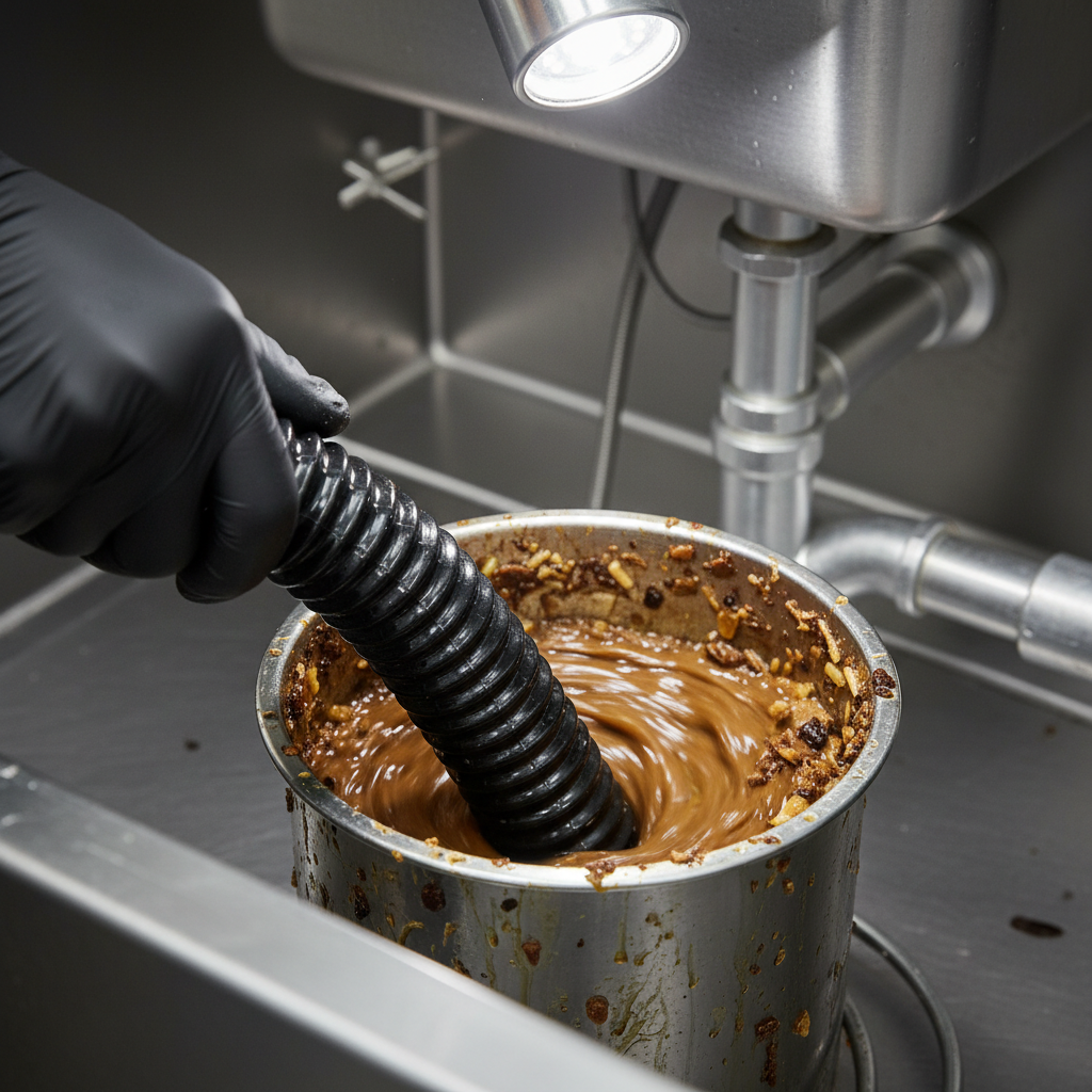 Close-up of grease trap pumping hose removing FOG during commercial grease trap pumping service