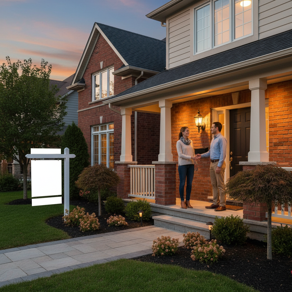Friendly sellers greeting a prospective buyer on a suburban Ontario porch during an evening showing