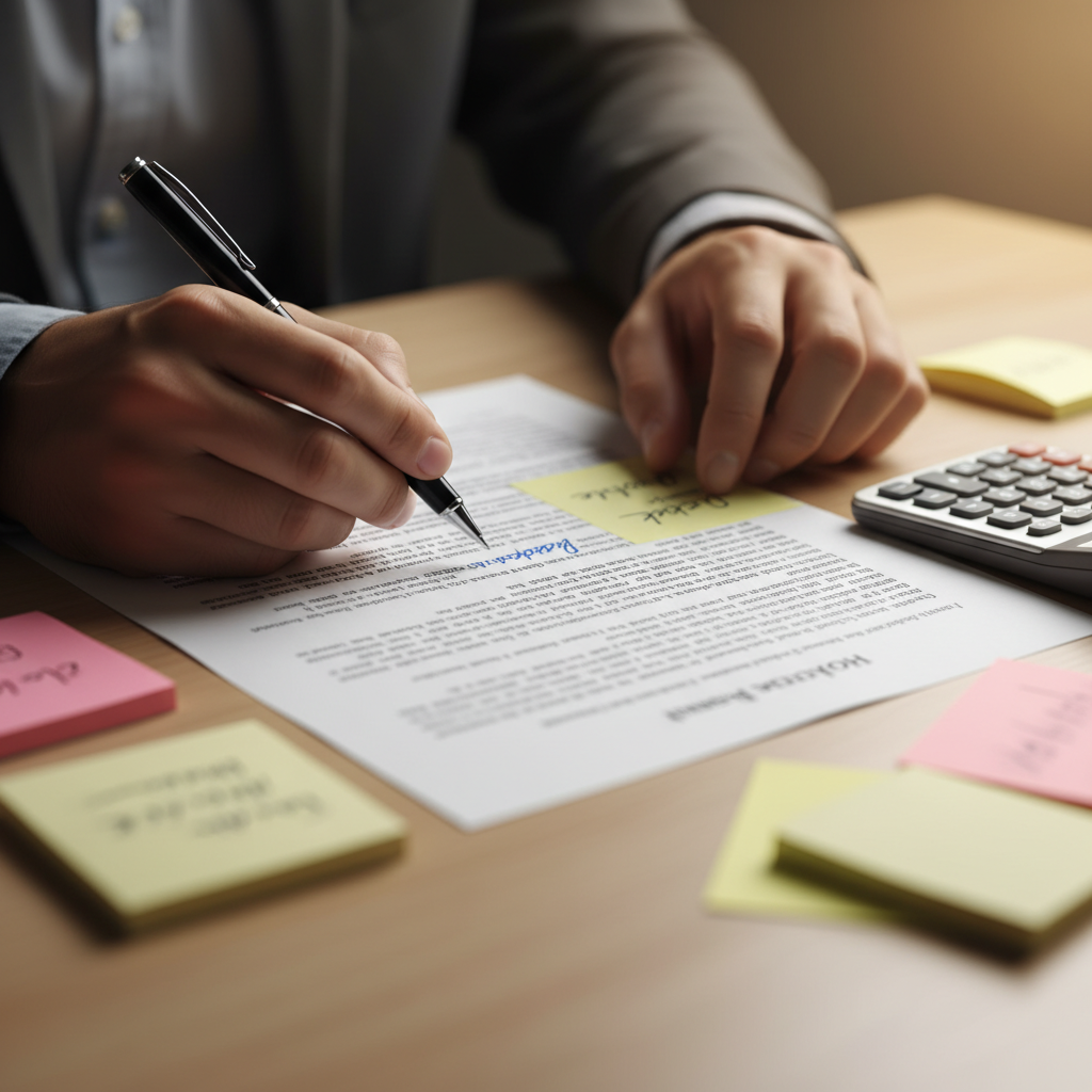 Close-up of home purchase contract being marked up during Brampton real estate negotiation support