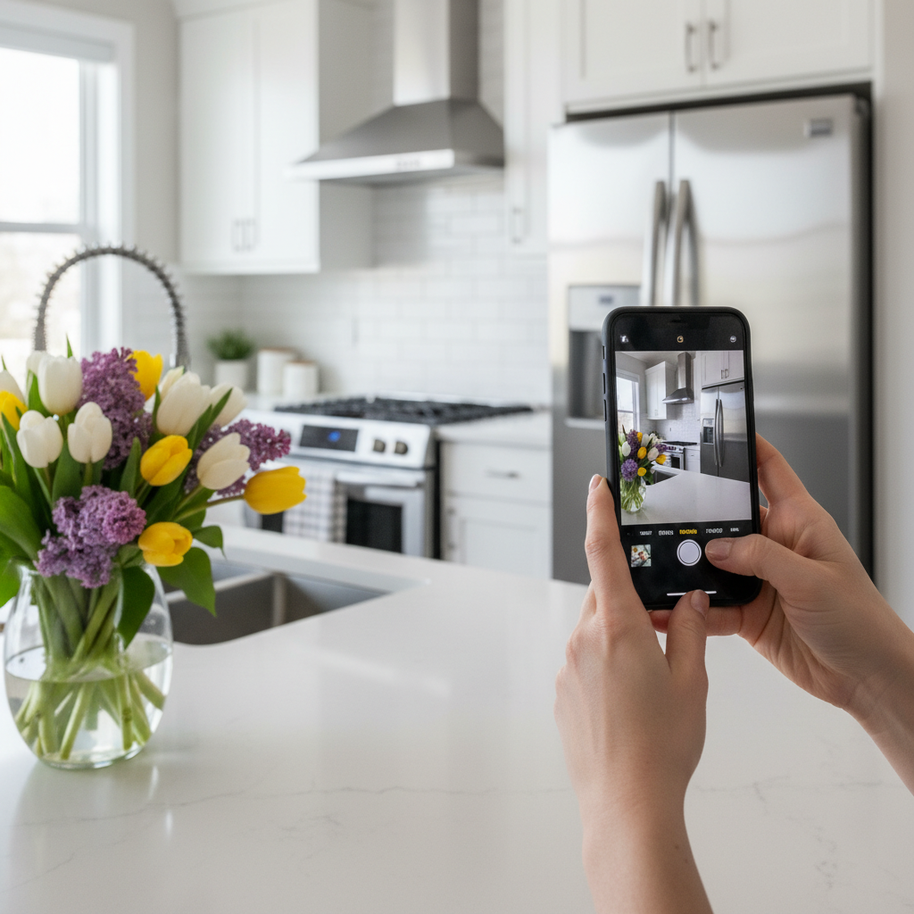 Staging a spotless kitchen for a sell my home listing with bright natural light and fresh flowers