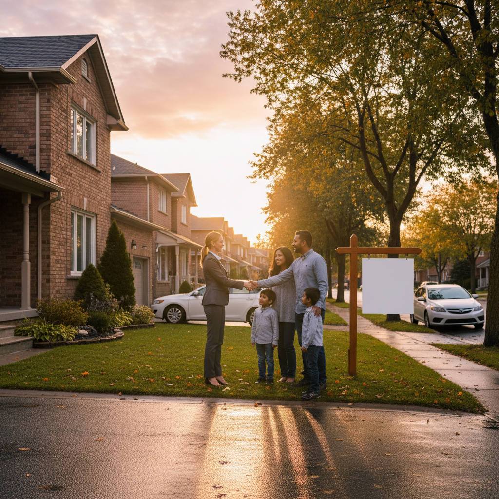 Brampton detached brick home at golden hour with agent and family shaking hands, illustrating local negotiation support