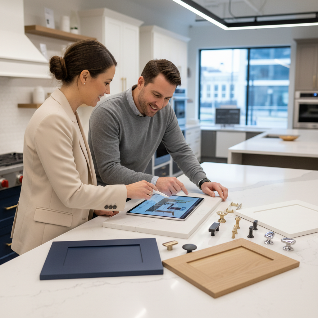 Kitchen Layout: Make Cooking Easier With Better Flow 2026 2 Kitchen showroom scene with 3D plan on tablet and material samples supporting kitchen design and planning decisions